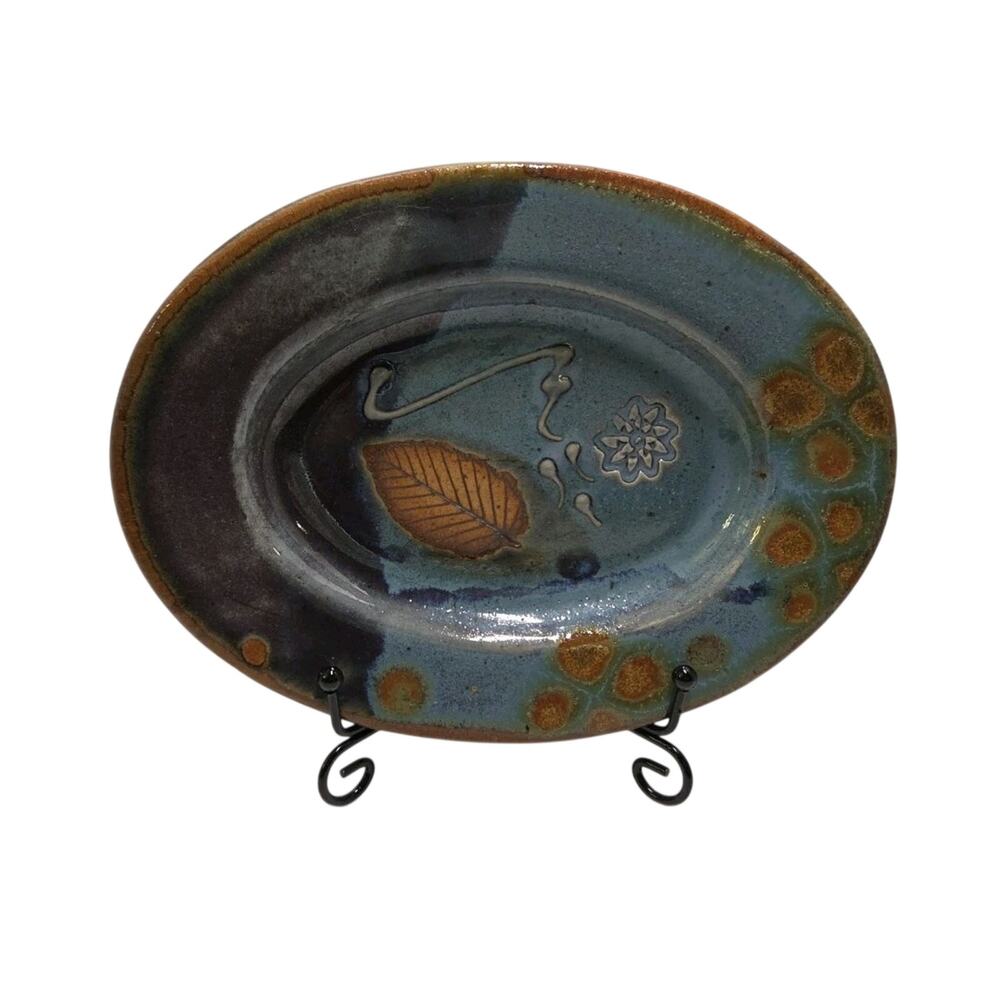 Studio Art Pottery Small Oval Glossy Blue Purple Leaf Plate Signed HP Vintage